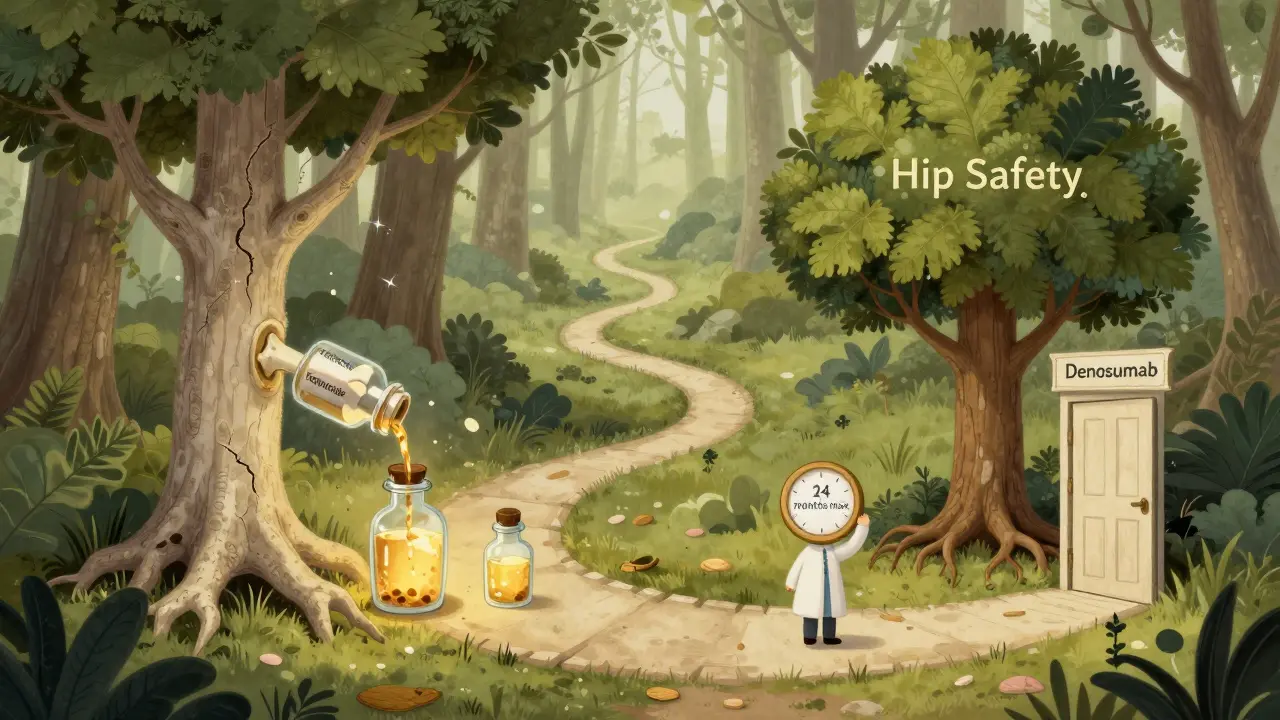 A magical path through a bone forest where two potions nurture trees, one growing stronger roots, leading to a door marked 'Denosumab' in storybook illustration style.