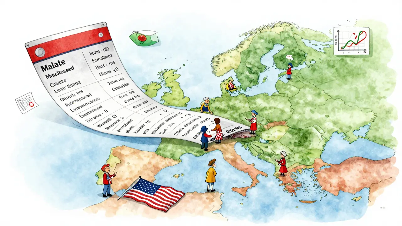 A massive multilingual drug label spreads across Europe, with translators in national attire checking each language version.