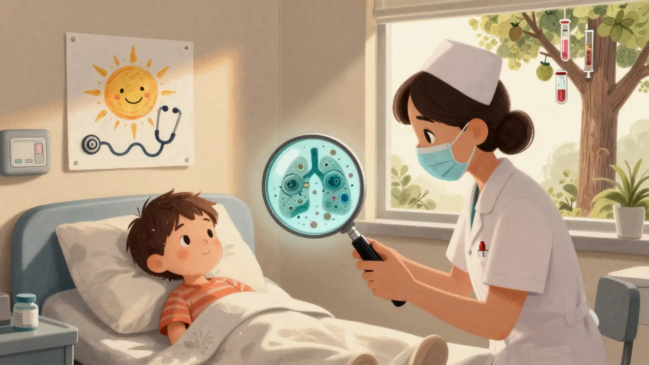 A nurse examines lung fluid under a magnifying glass, revealing hidden microbes in a quiet hospital room.