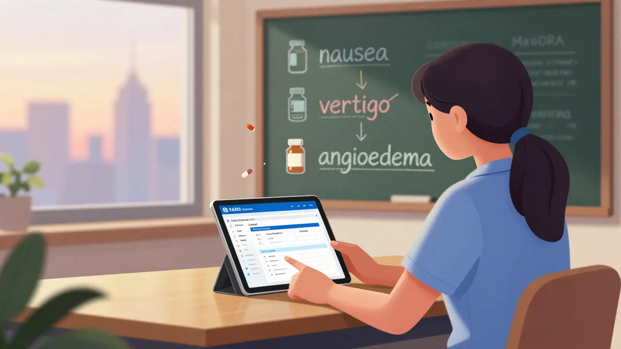 A patient advocate uses a tablet to explore the FAERS dashboard, with MedDRA terms illustrated on a chalkboard behind them.