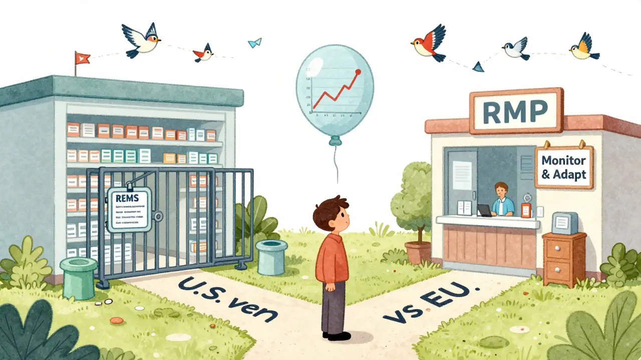 A patient faces a crossroads: one path has strict REMS restrictions, the other flexible RMP access, with shared clinical data above.