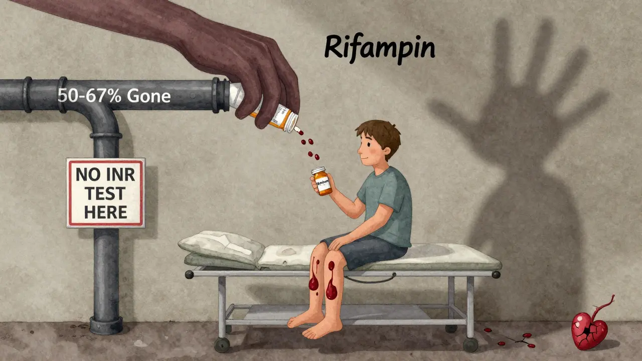 A patient holds an anticoagulant pill while rifampin drains it away, with a blood clot forming in their shadow.