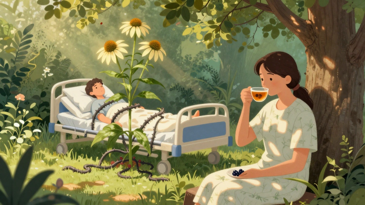 A peaceful scene of safe immune support with echinacea as a dangerous vine wrapping around a hospital bed.