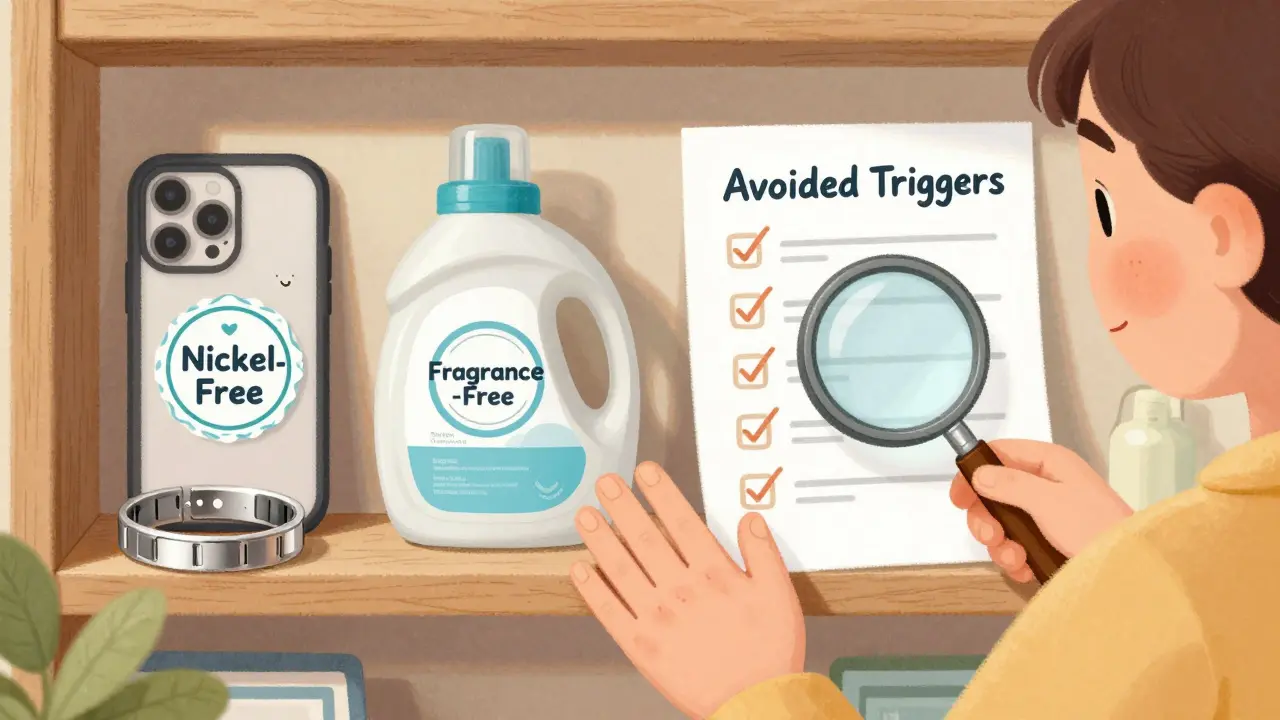 A person holds a clear hand next to safe products labeled nickel-free and fragrance-free, with a magnifying glass confirming avoided triggers.