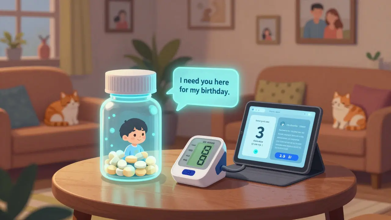A smart pill bottle projects a loving message from a grandchild, helping a patient remember to take their medicine.