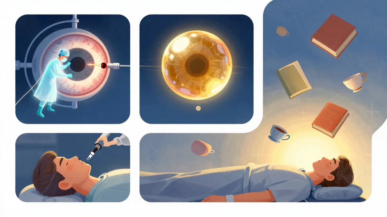 A surreal surgical scene inside an eye with a gas bubble lifting the retina and patient lying face-down.