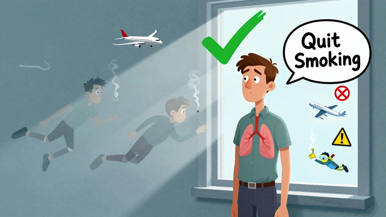 A tall man surrounded by fading images of smoking, flying, and diving, with a green checkmark and &#039;Quit Smoking&#039; text above.