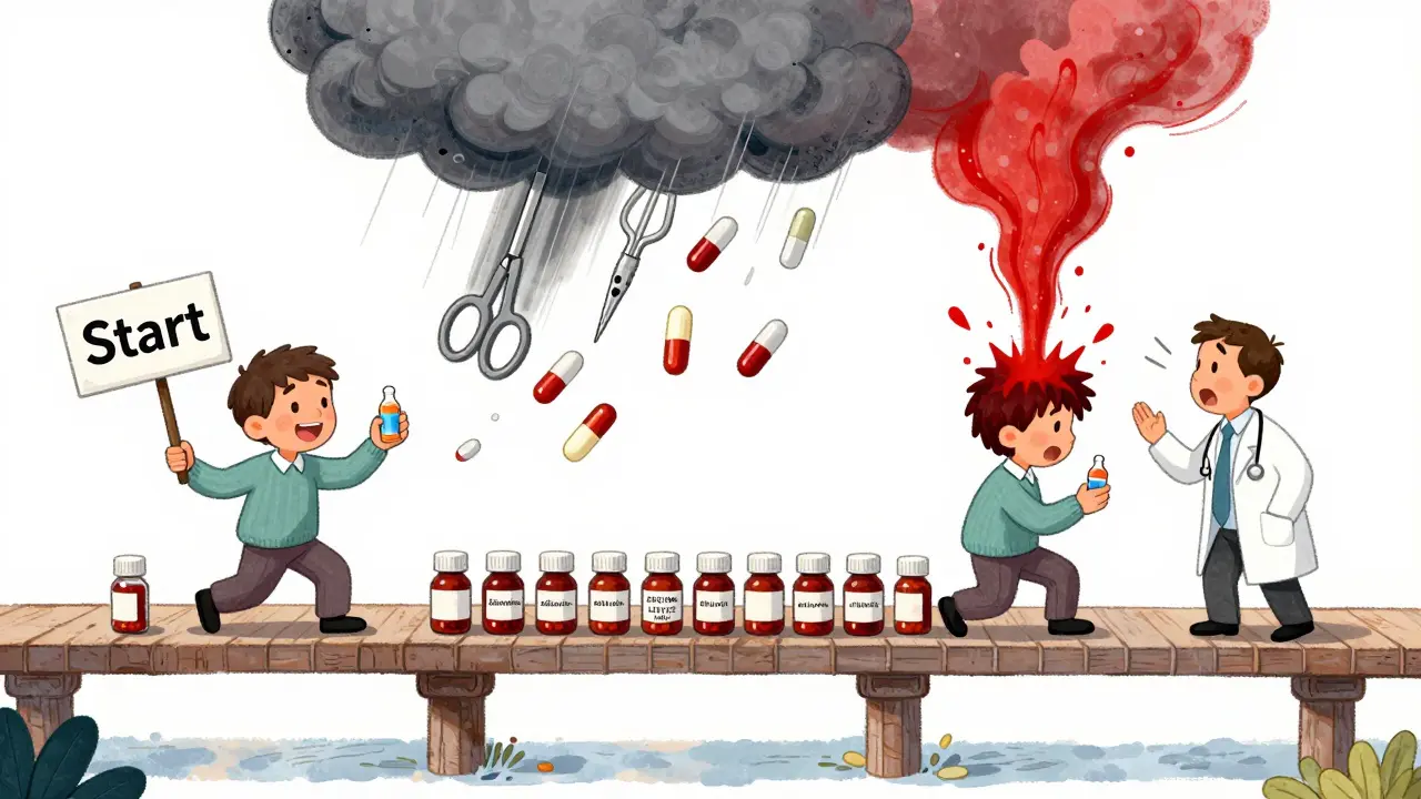 A timeline bridge shows rifampin use leading to a deadly blood geyser when old drug doses are resumed.