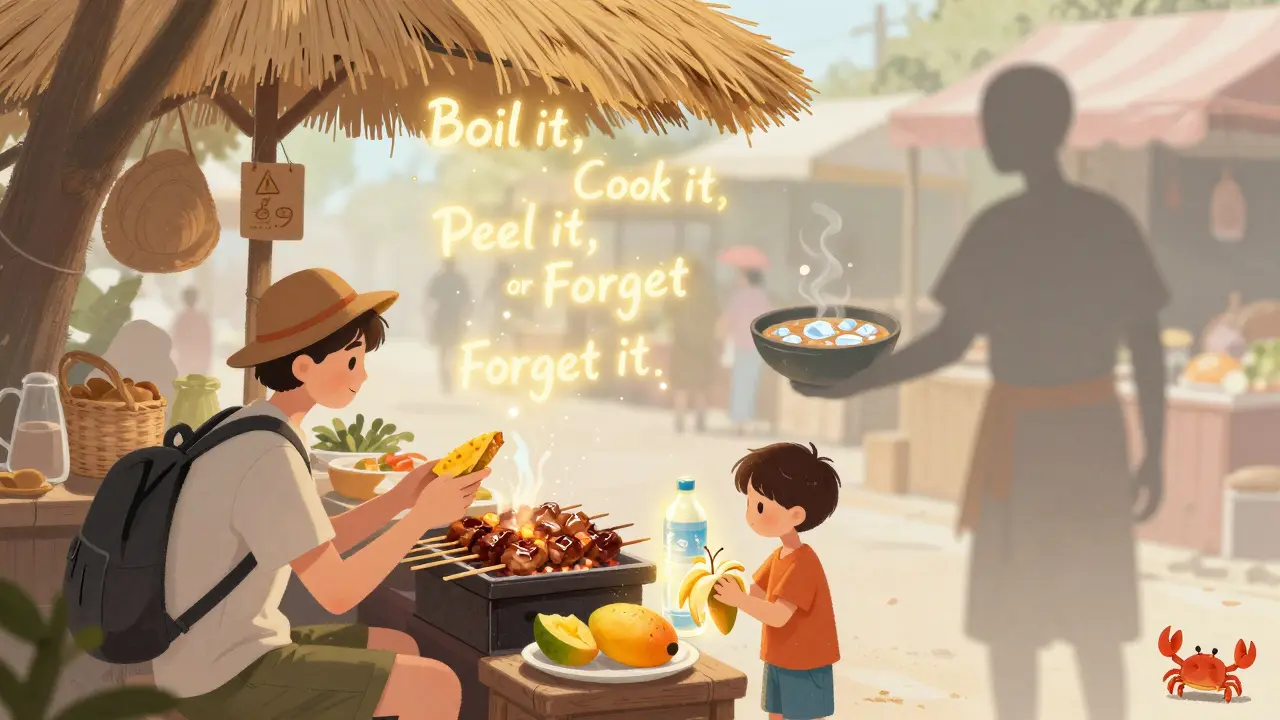 A traveler follows the golden rule at a street market, choosing safe food while avoiding contaminated options.