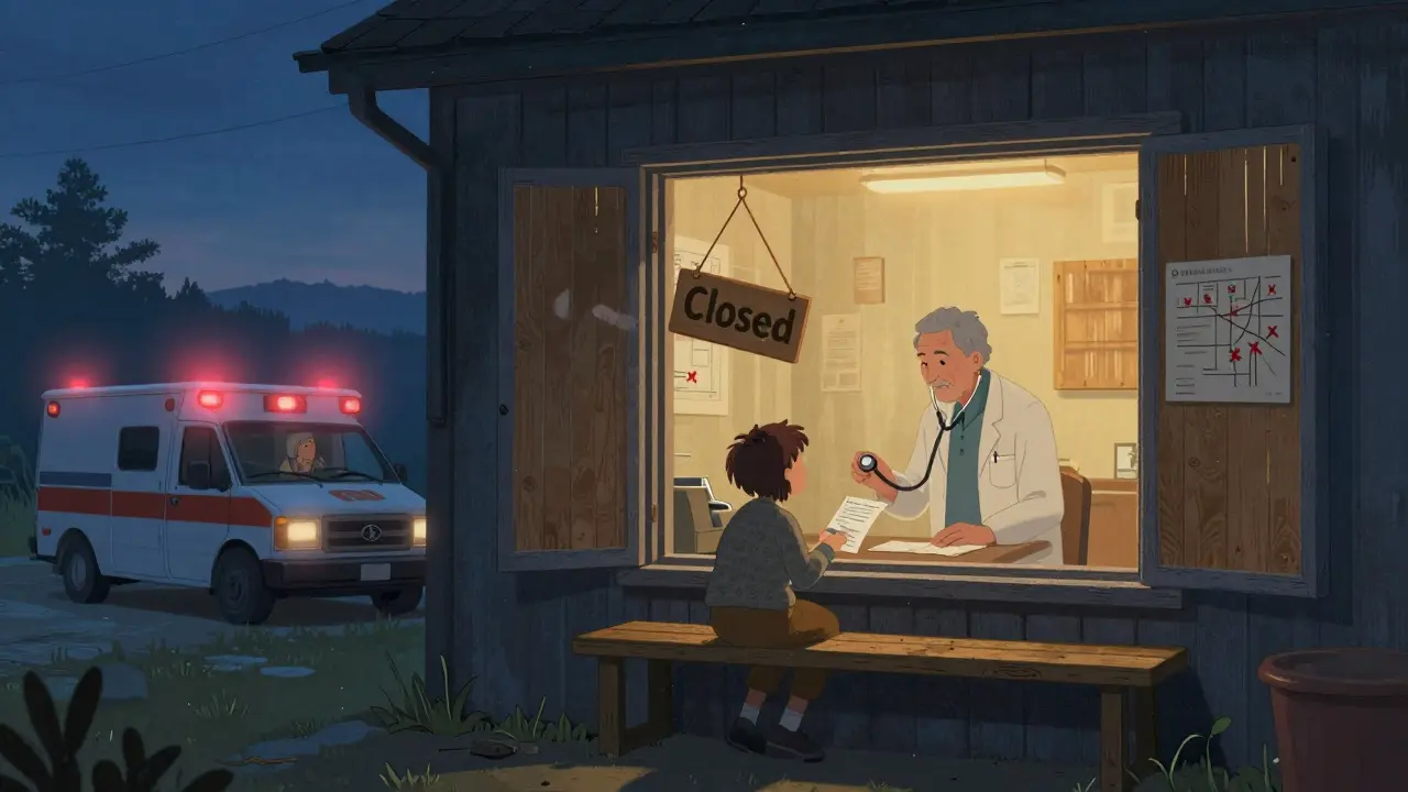 An abandoned rural clinic at twilight with a lone doctor and waiting child.