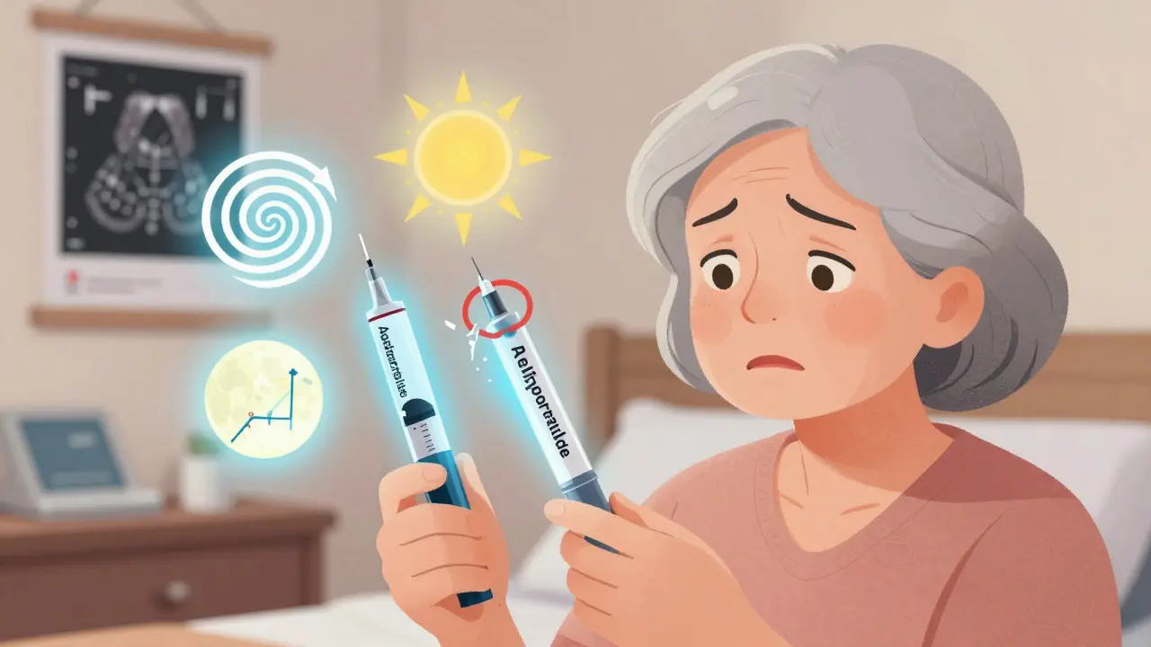 An elderly woman comparing two injection pens—one with warning signs, the other calm and glowing—against a backdrop of health icons in soft pastels.