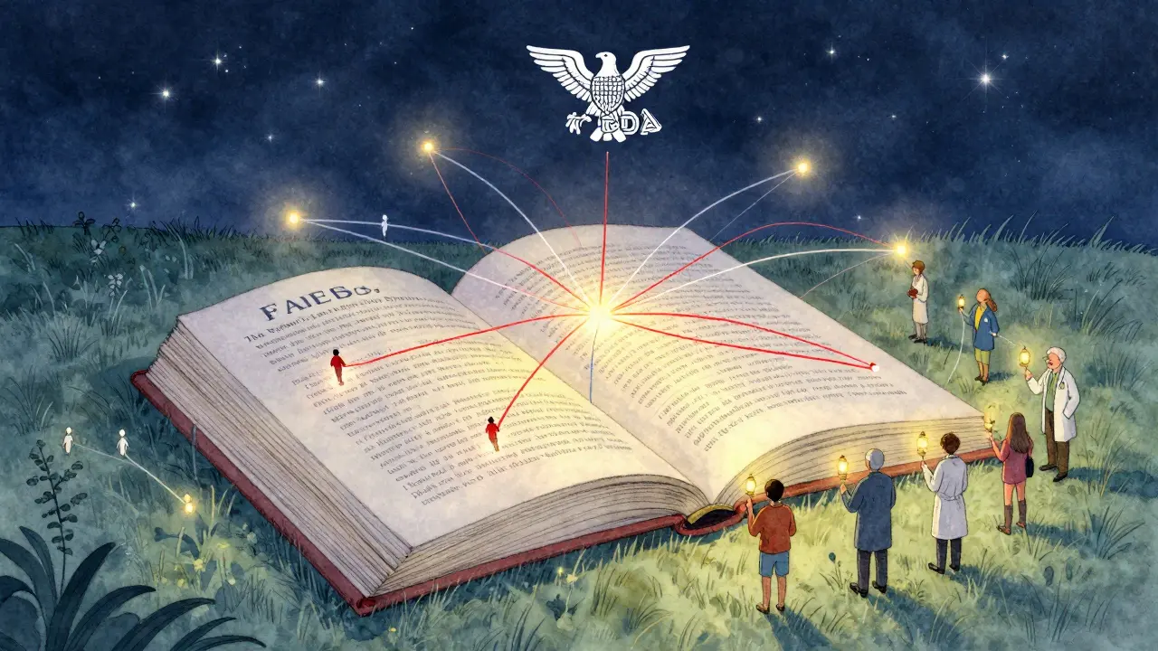 An open book titled FAERS rises from a hill, connecting people to an FDA eagle with glowing threads under a starry sky.