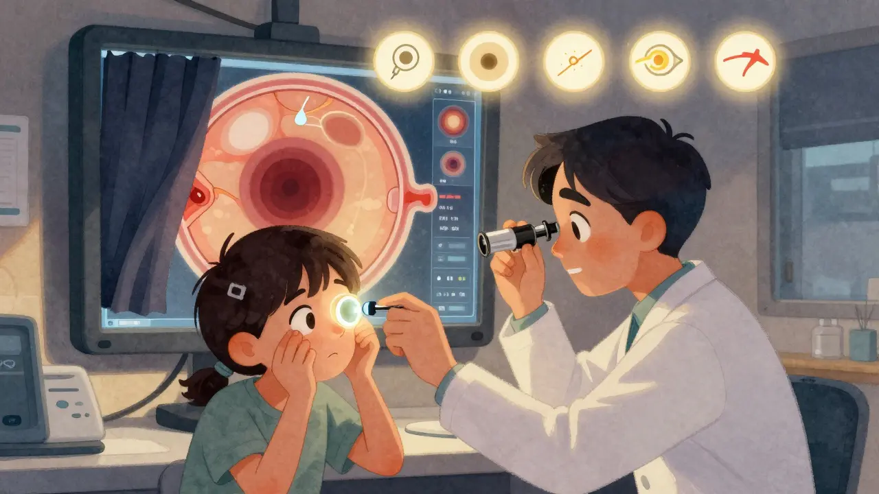 An ophthalmologist examining a patient's eye in an emergency clinic, with symptoms shown as glowing icons.