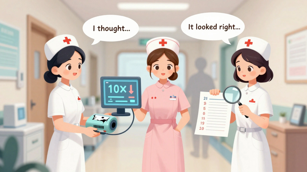 Chaotic hospital shift change with missed overdose alerts and incomplete handoffs.