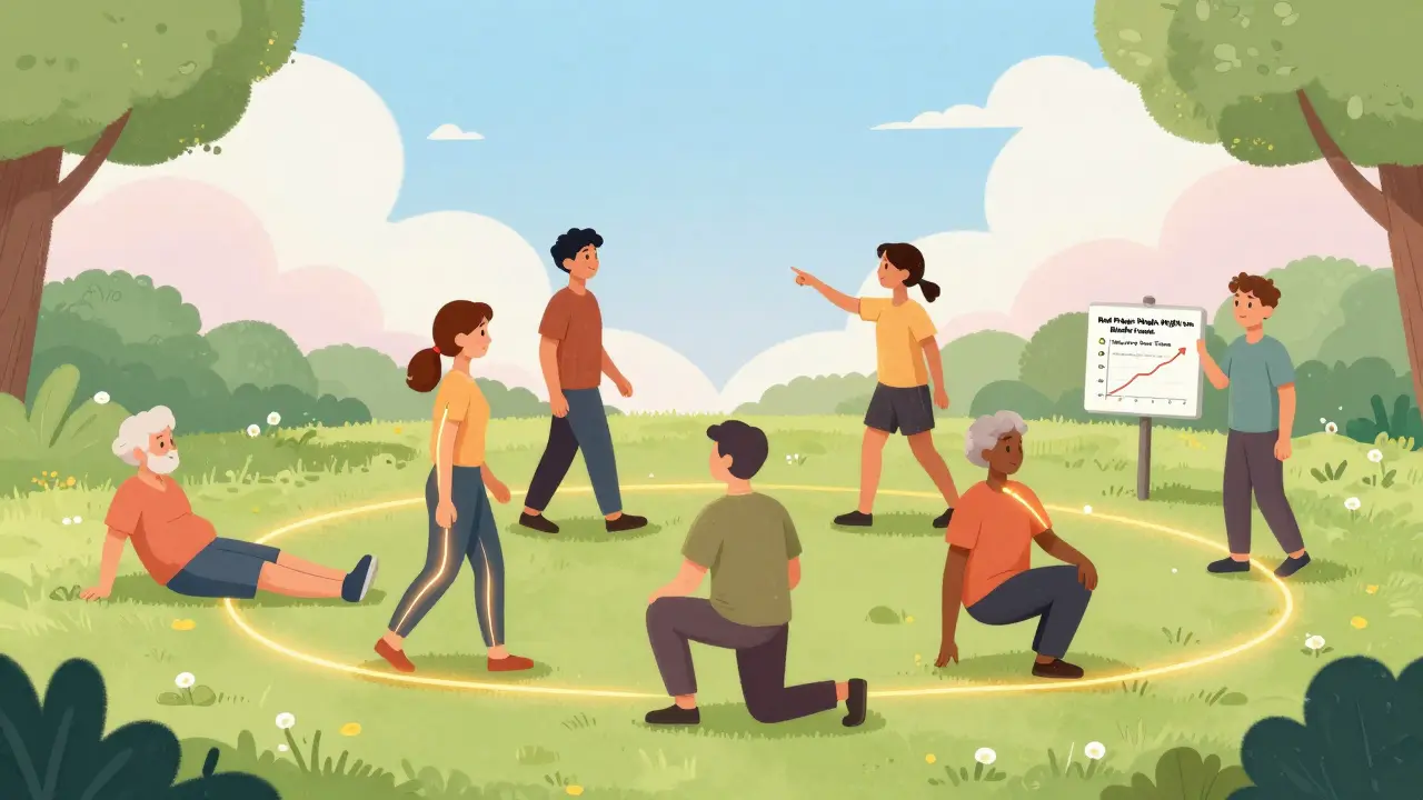 Diverse group exercising in a park with golden movement trails, near a sign listing red flags for back pain.