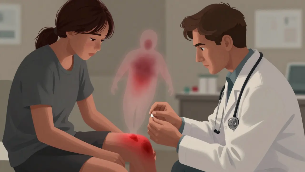 Doctor giving a drug back to a patient as a rash reappears, depicted in gentle storybook illustration.