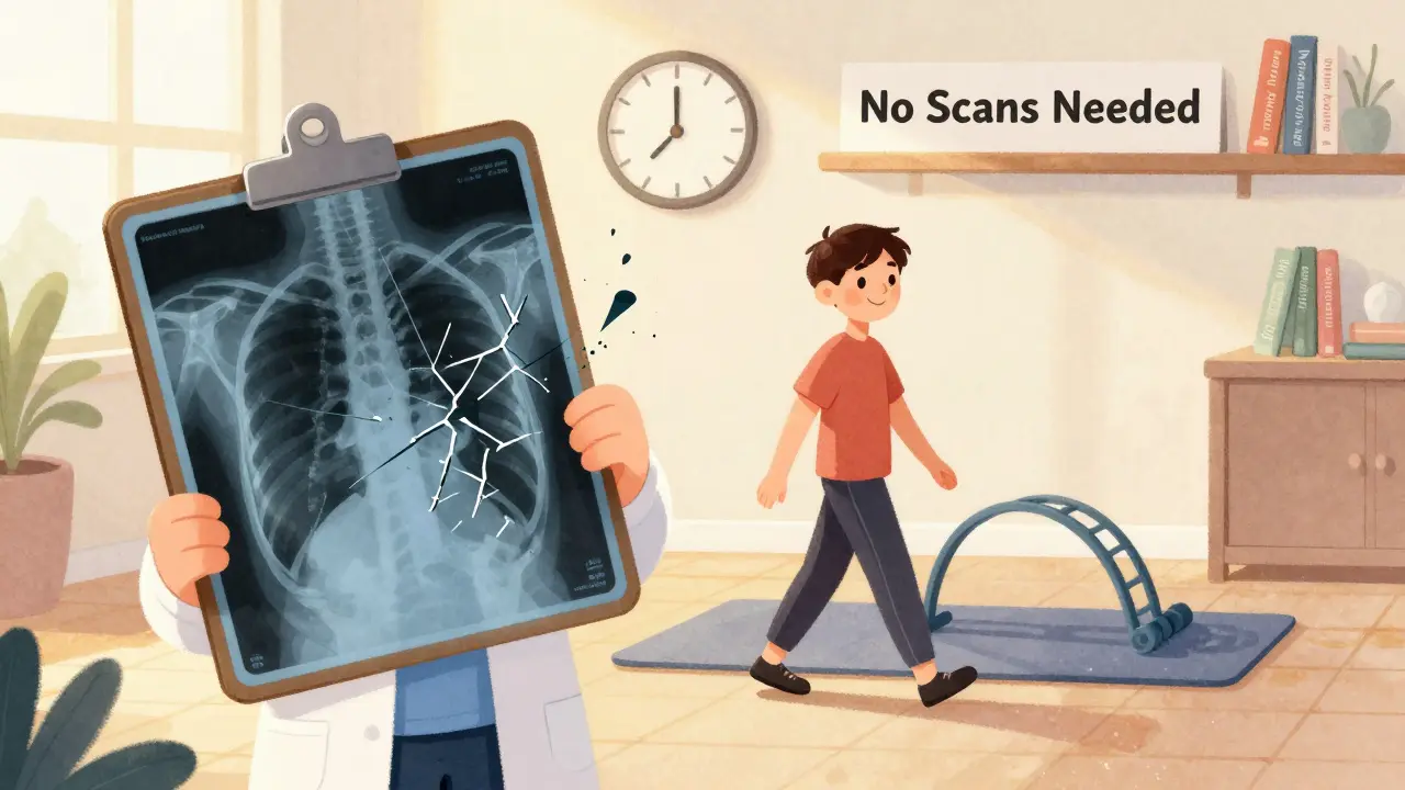 Doctor holding a crumbling X-ray while patient exercises happily on a mat, with books about movement in the background.