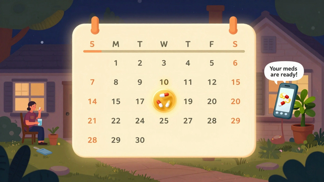 Floating calendar with one golden sync day holding four pills, phone notification glowing nearby.