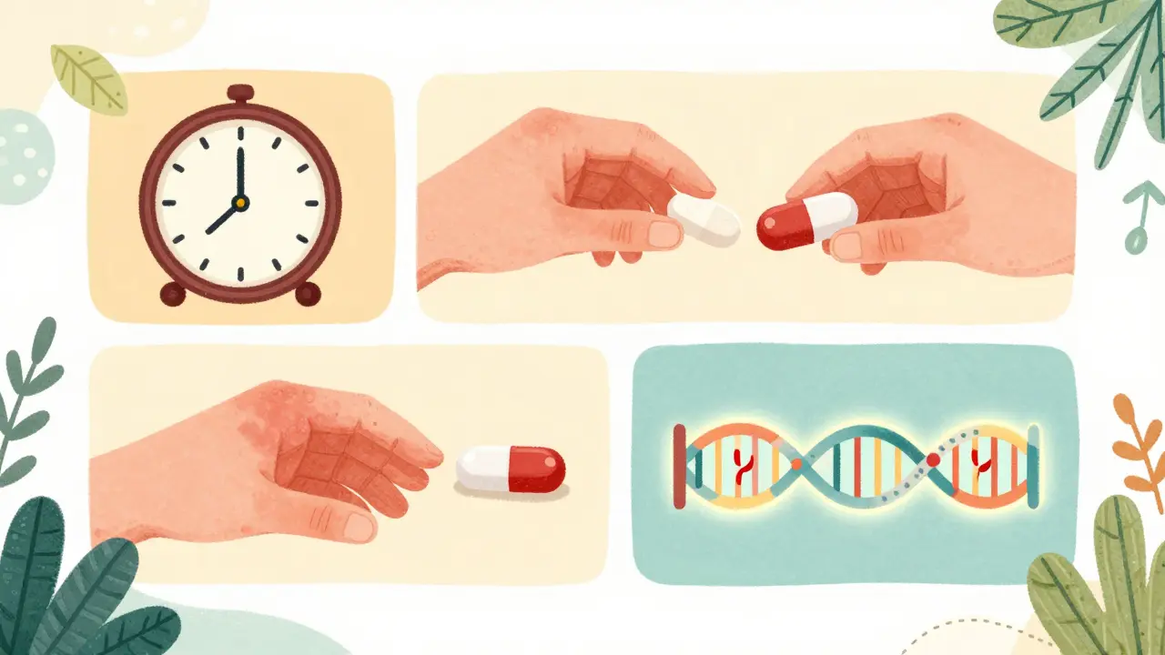Four-panel storybook scene showing the four pillars of drug reaction causality with symbolic imagery.