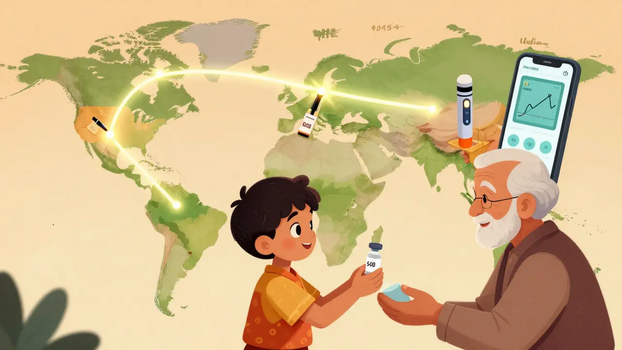 Global map showing insulin cost drops in the U.S., India, and Germany, with a child handing a vial to an elder.