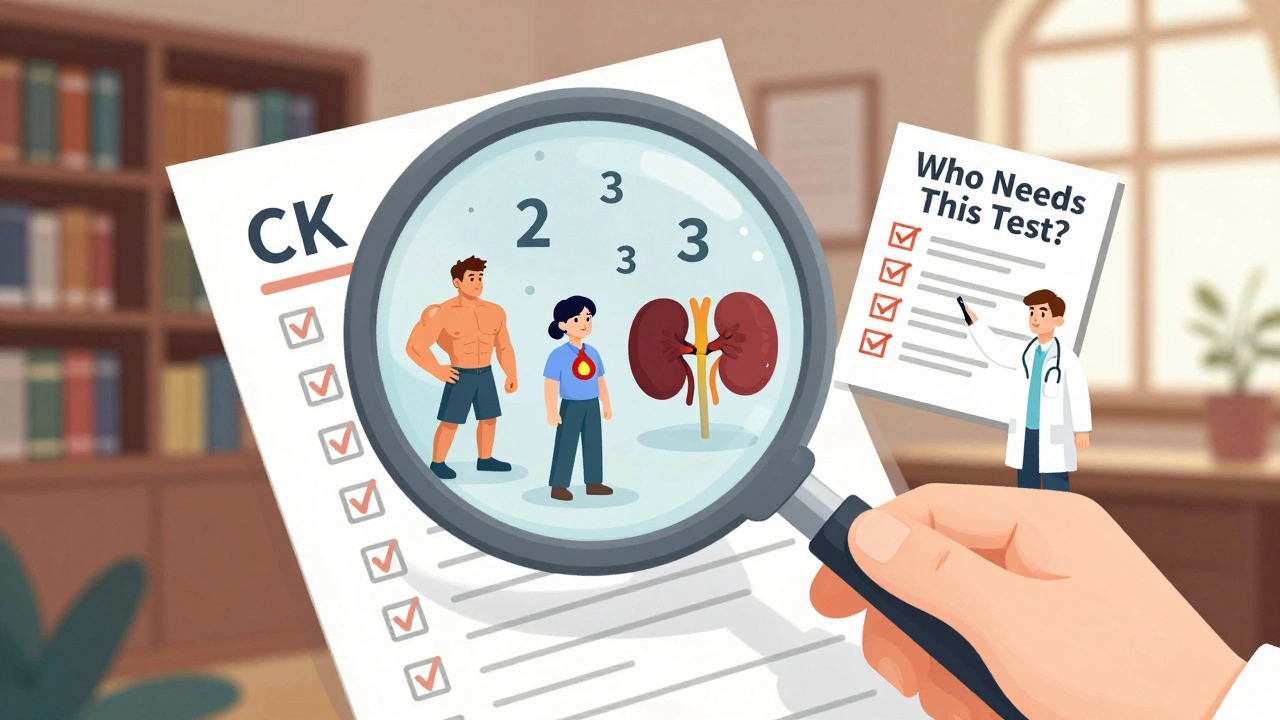 Magnifying glass reveals hidden risk factors behind a CK lab result, with doctor pointing to a decision checklist.