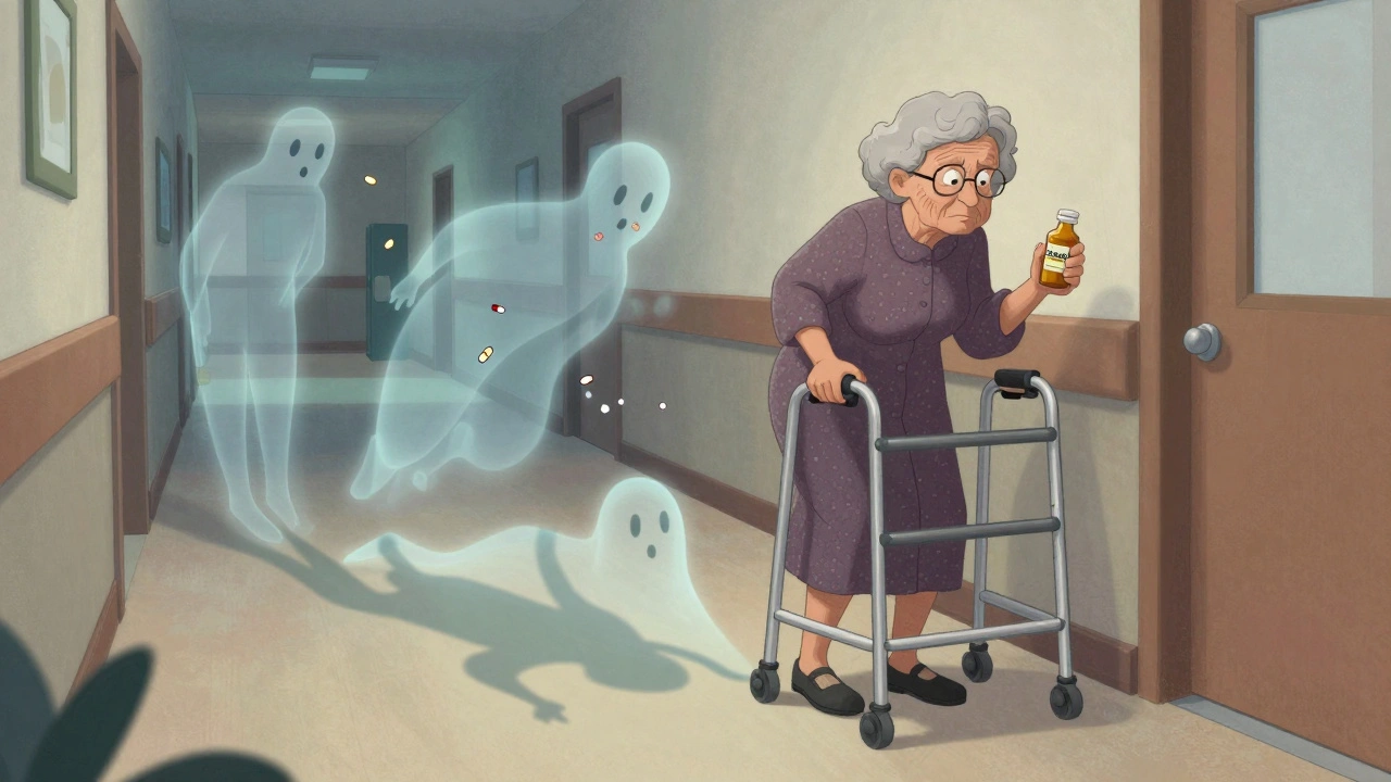 Old woman stumbling in hallway with Xanax and ghostly alcohol molecules surrounding her.