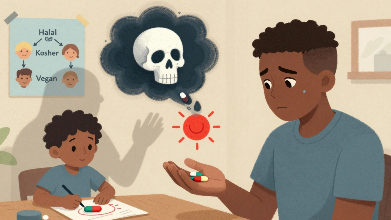 Patient holding a colorful pill as a white pill turns into a dark cloud, with a child drawing a hopeful sun.