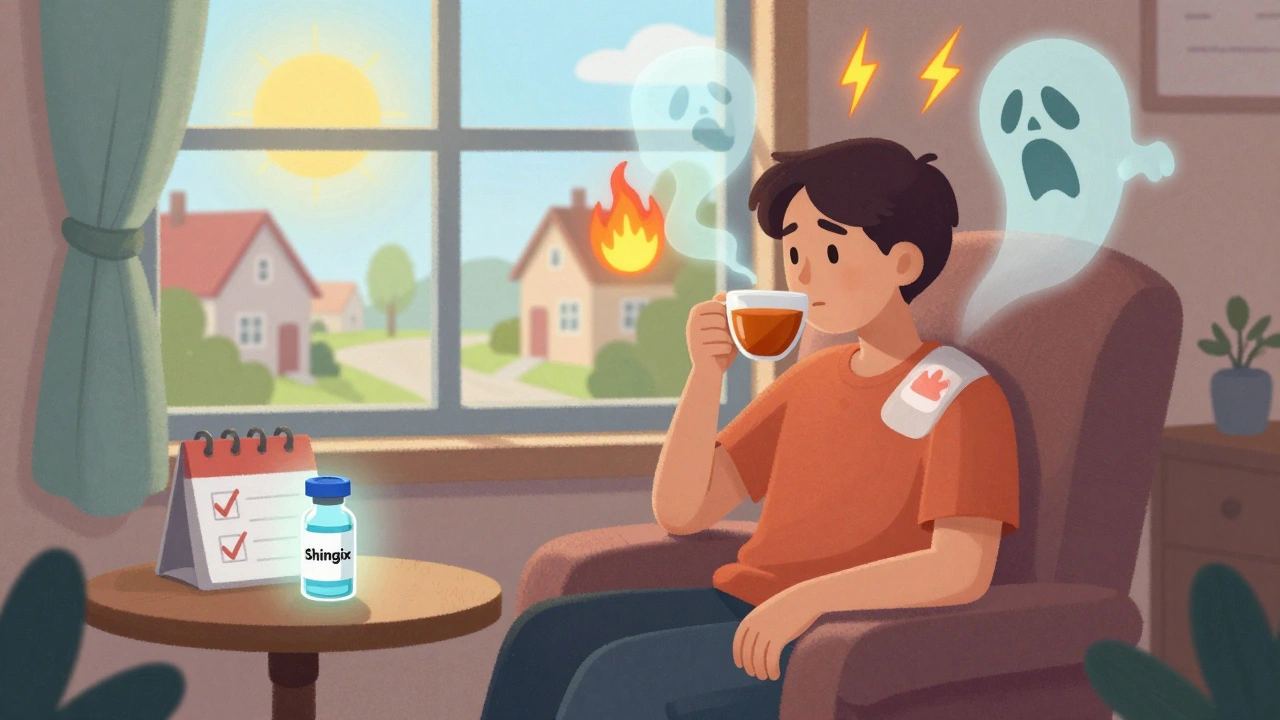 Person relaxed in a chair, pain symbols fading away, Shingrix vaccine vial visible on the table.