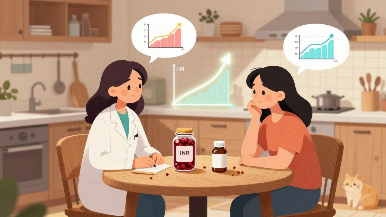 Pharmacist and patient discussing cranberry juice and supplements at a kitchen table in storybook style.