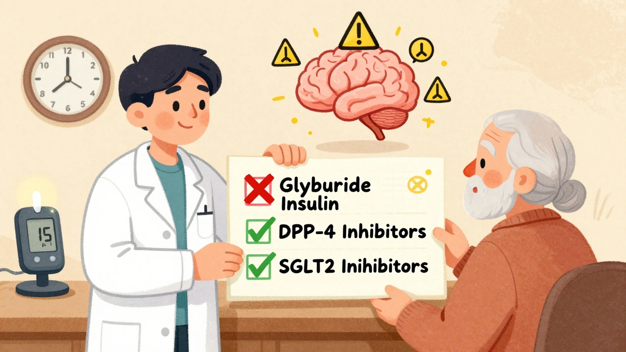 Pharmacist and senior reviewing medication chart with red X&#039;s over risky drugs and green checks on safer options.