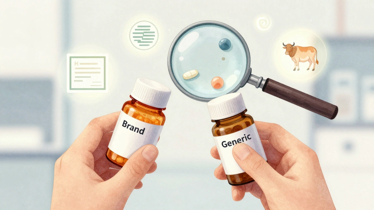 Pharmacist comparing generic and brand pills, with glowing cultural symbols floating above.