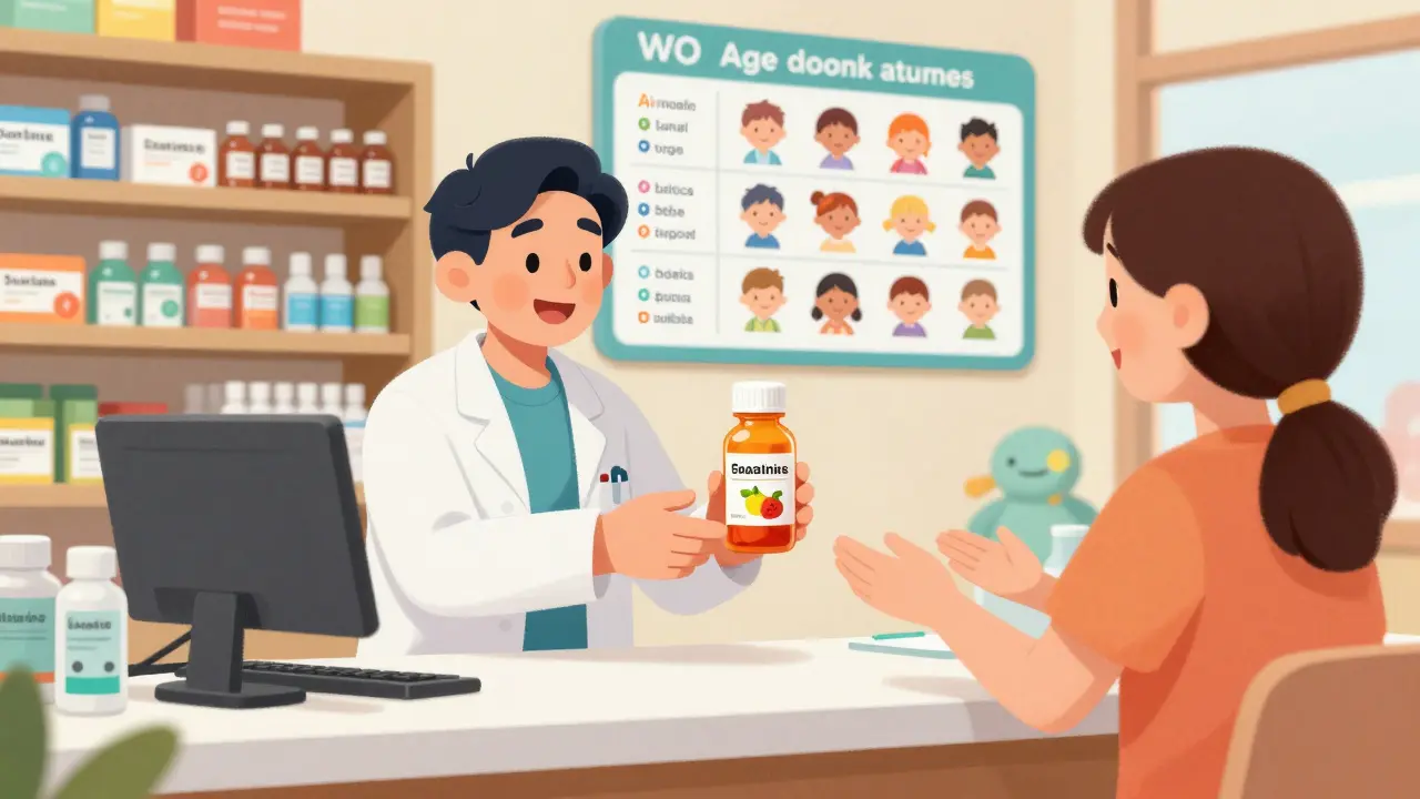 Pharmacist handing a colorful liquid medicine to a parent at a pediatric pharmacy with age-appropriate medication labels on display.