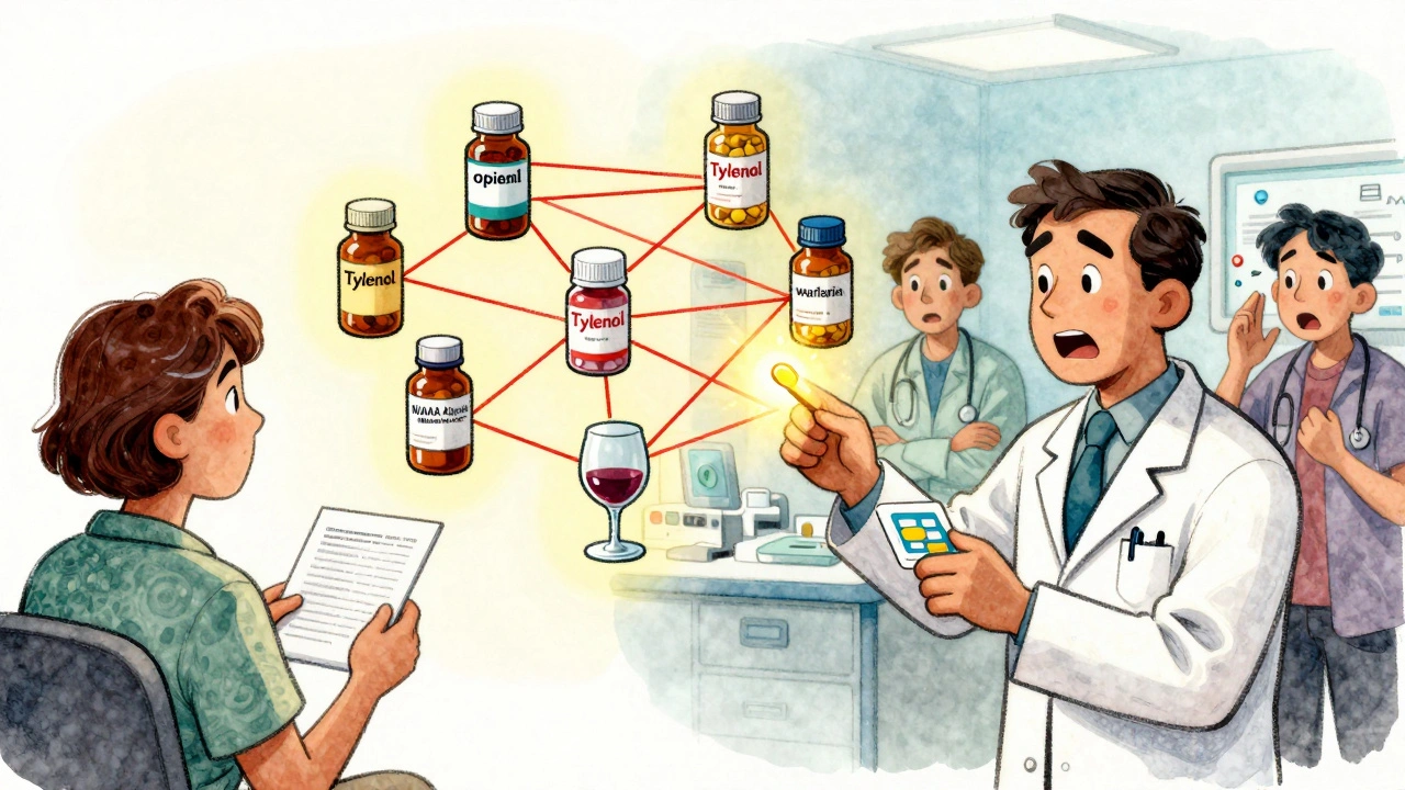 Pharmacist showing app that warns of dangerous drug-alcohol connections in floating web.
