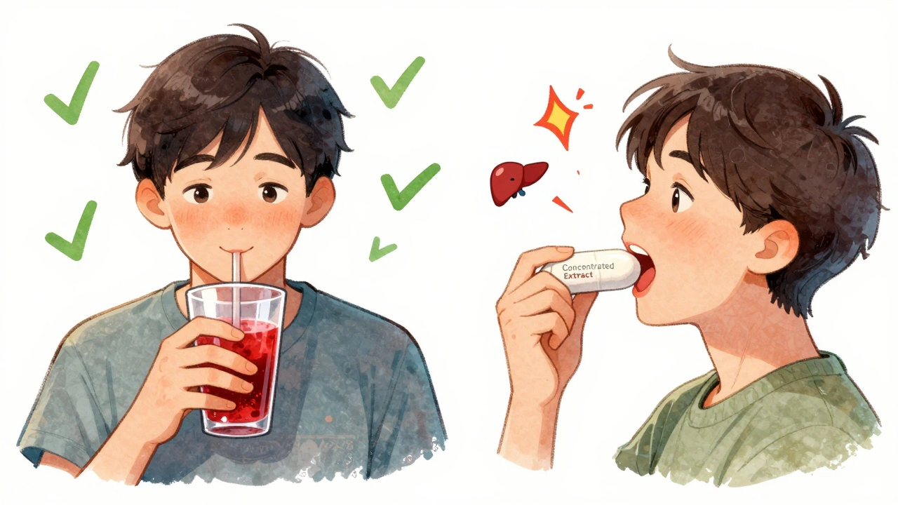 Side-by-side scenes: diluted cranberry juice with checkmarks vs. concentrated supplement with warning sparks.