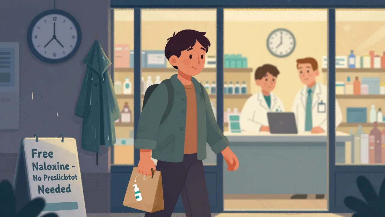 Someone receiving naloxone at a pharmacy with a supportive pharmacist, at dusk.