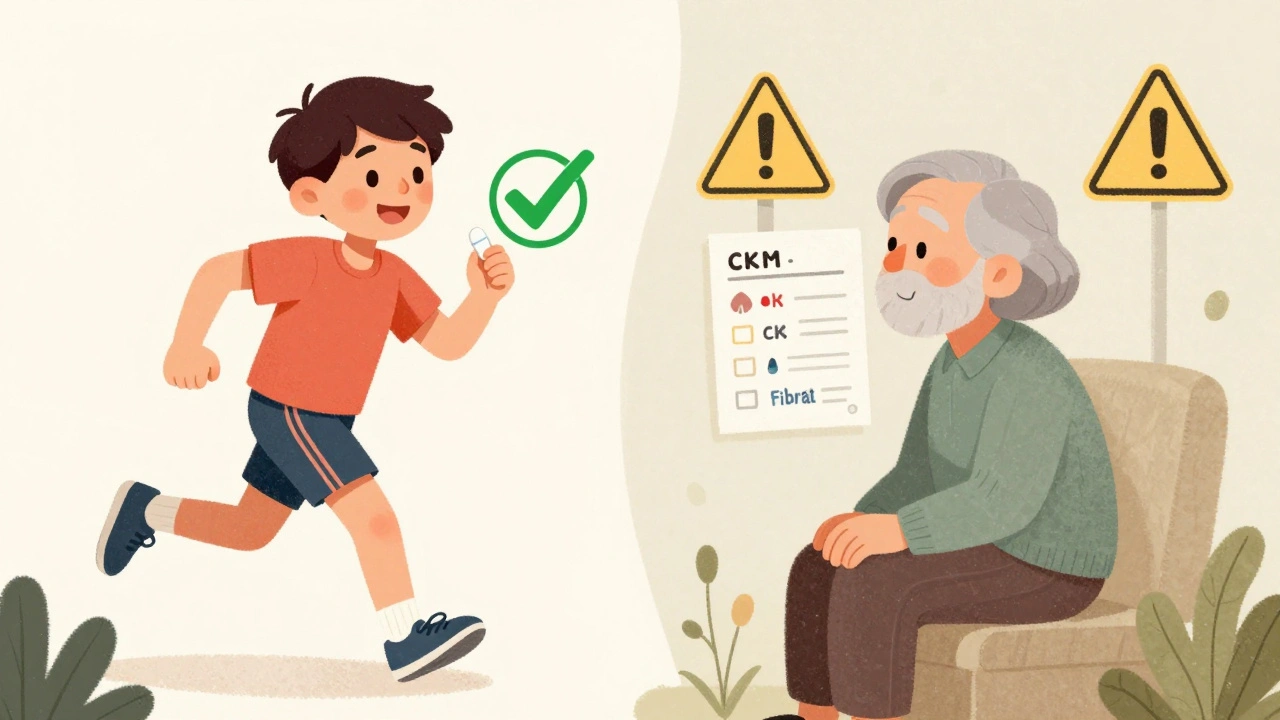 Split scene: healthy runner taking statin vs. older patient with risk factors like thyroid and fibrate medications.