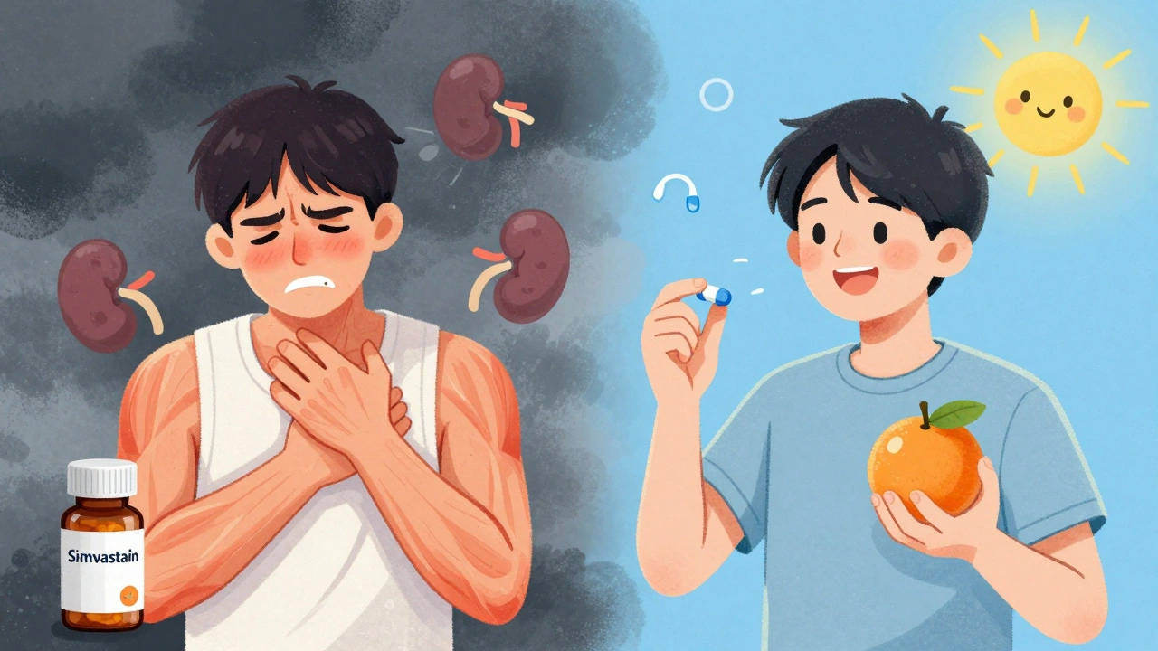 Split scene: person in pain with grapefruit and simvastatin vs. smiling with orange and safe statin, stormy to sunny background.