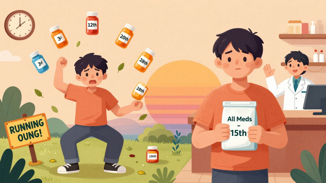 Split scene showing chaos of multiple refill dates vs. calm single sync day with one pill bag.