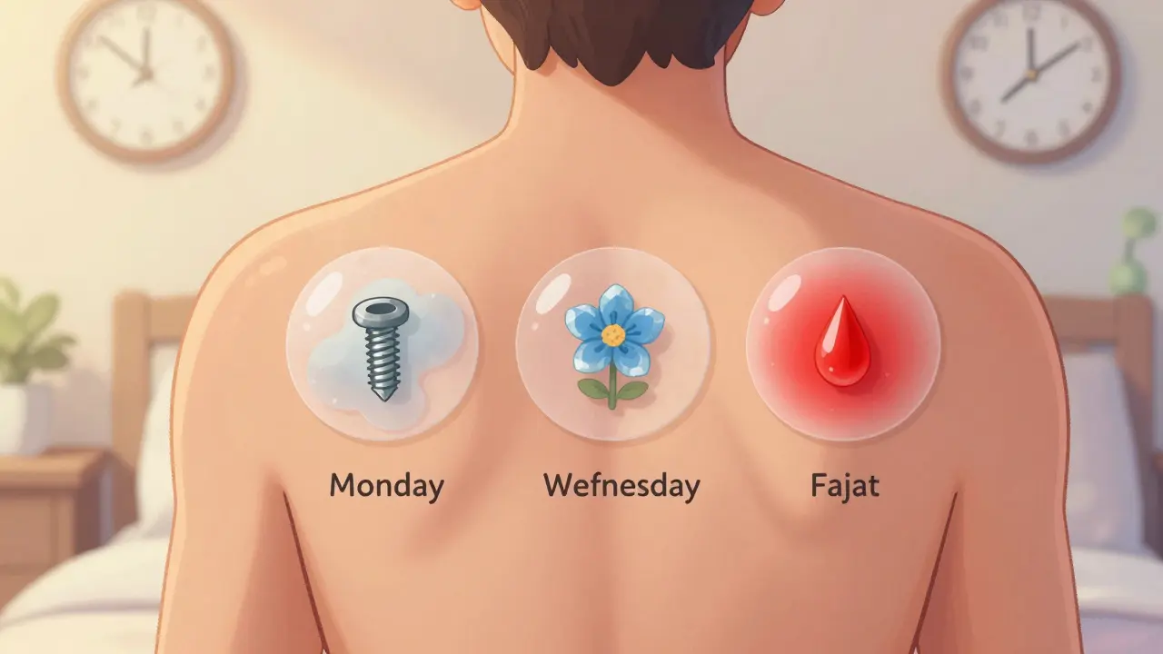 Three panels show patch test reactions on a back over four days, with symbols for nickel, cobalt, and fragrance becoming visible.