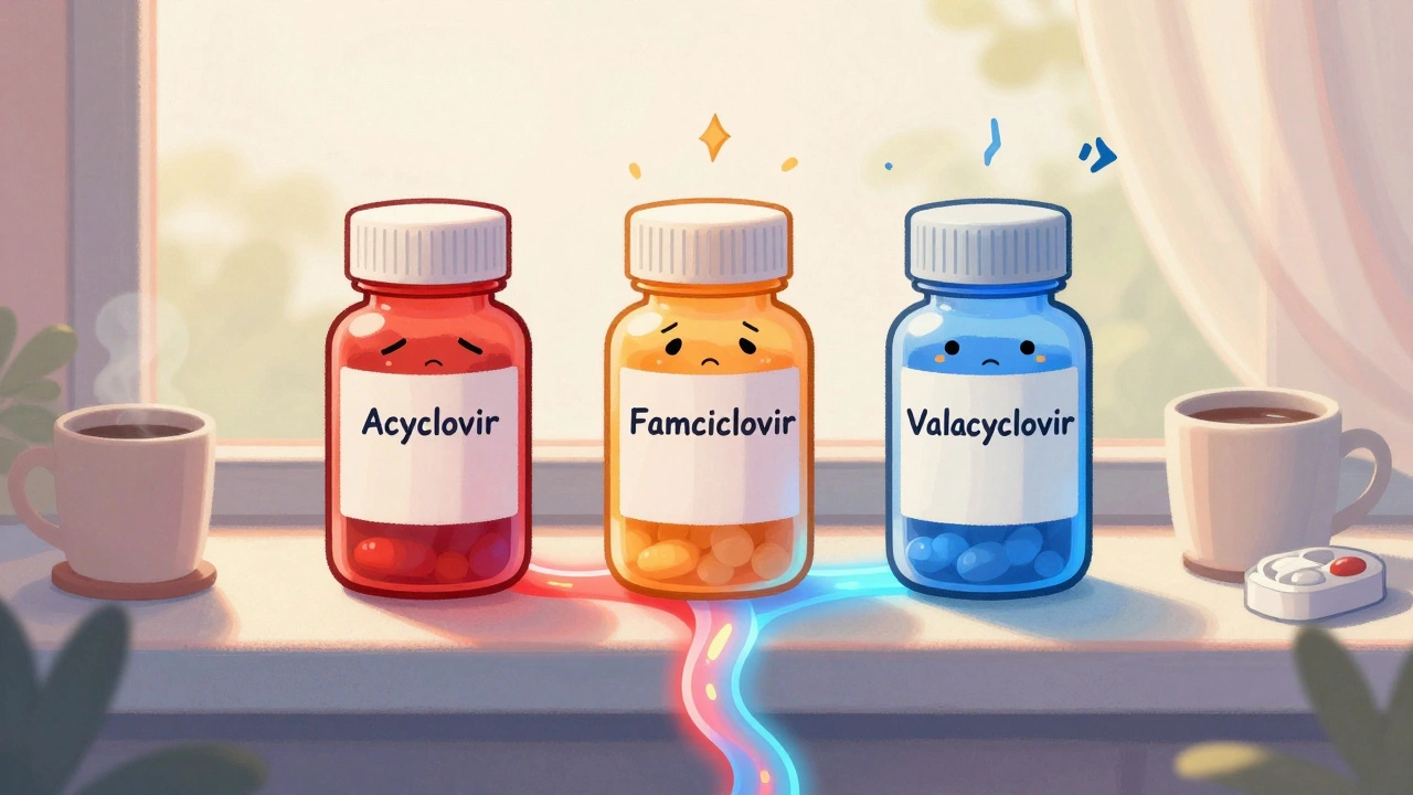 Three pill bottles with faces on a windowsill, a nerve pathway below changing from red to blue.