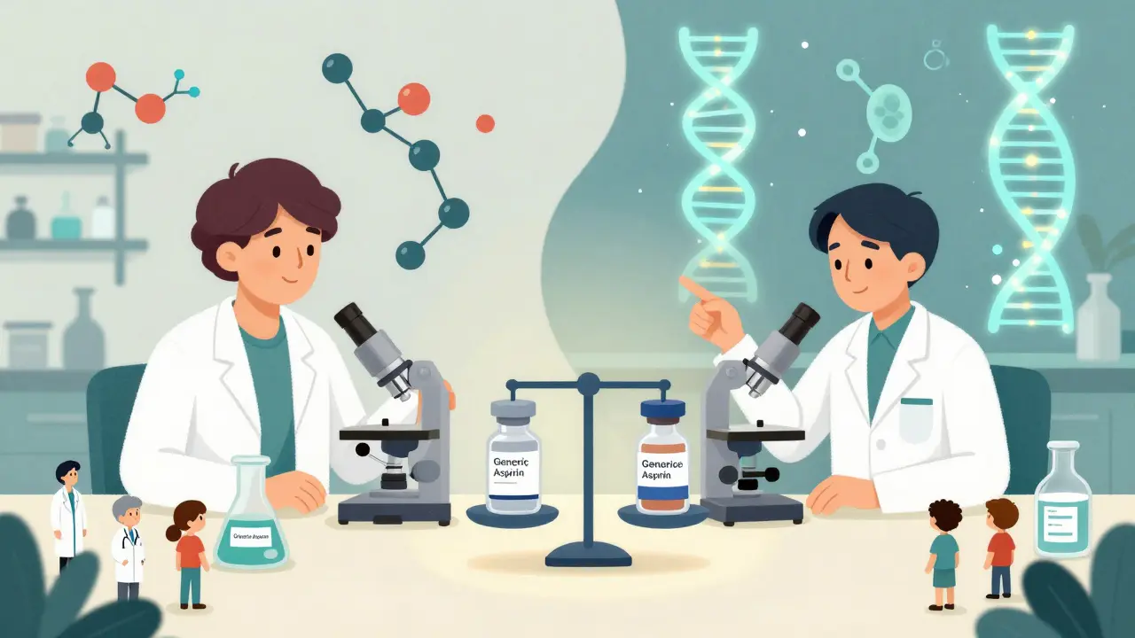 Two labs side by side: one for simple generics, another for complex insulin proteins made by living cells.