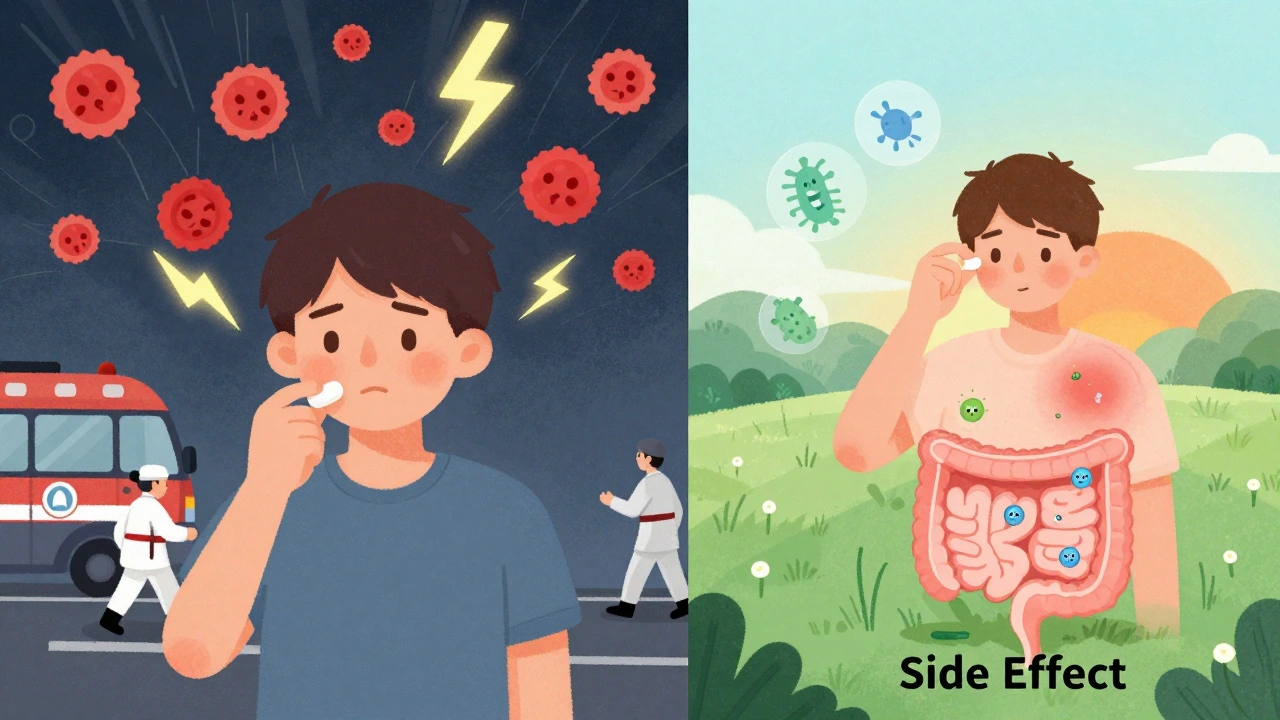 Two side-by-side scenes: allergic reaction storm vs. calming side effect sunset