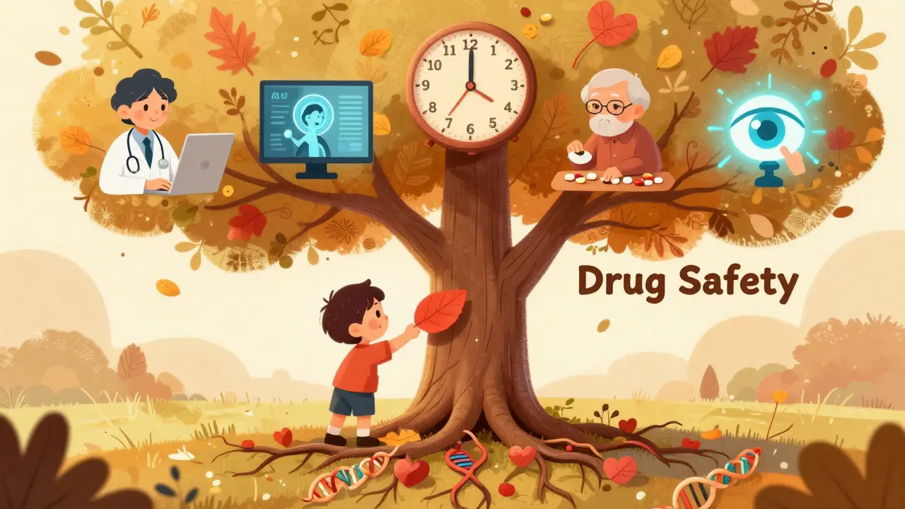 A child planting a warning leaf into a tree showing drug safety milestones over time.