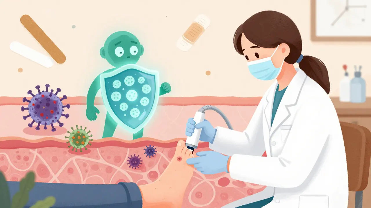 A dermatologist freezing a plantar wart as immune cells attack hidden HPV viruses in the skin.