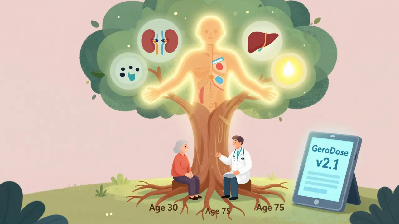 A doctor and elderly patient under a body-shaped tree, with floating icons comparing kidney and liver function at different ages.