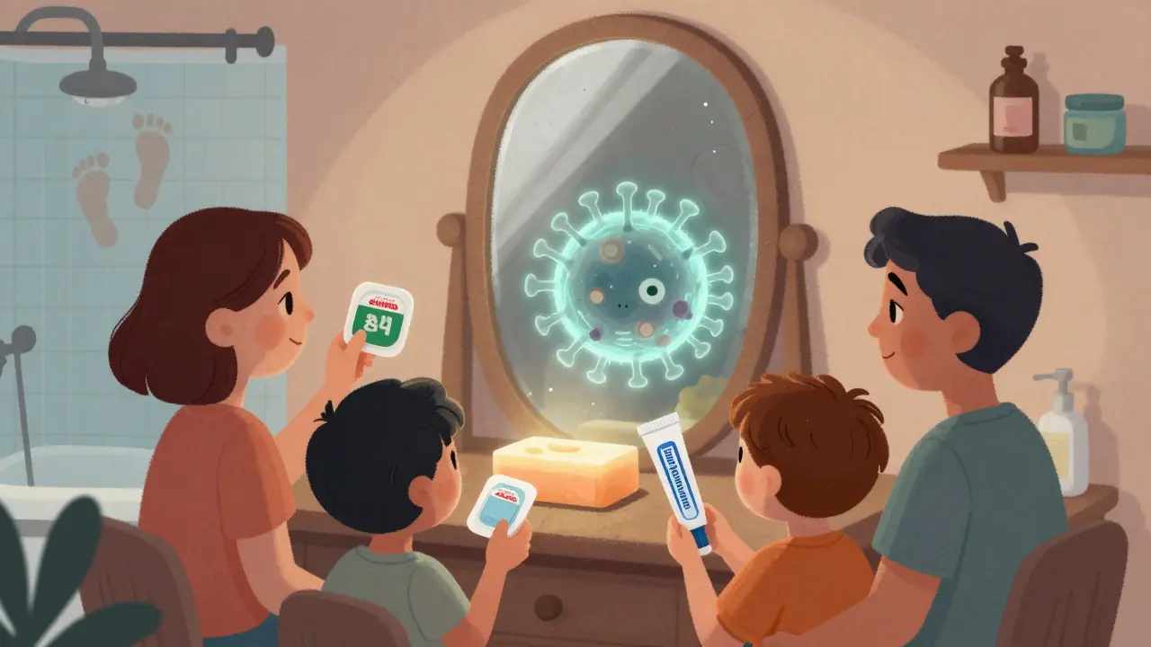 A family holding wart treatments while a hidden HPV virus hides behind a soap bar.