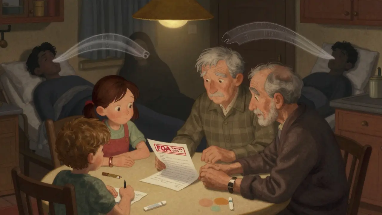 A family reads a doctor’s warning letter, shadowy figures behind them fading as breathing ribbons disappear in warm lamplight.