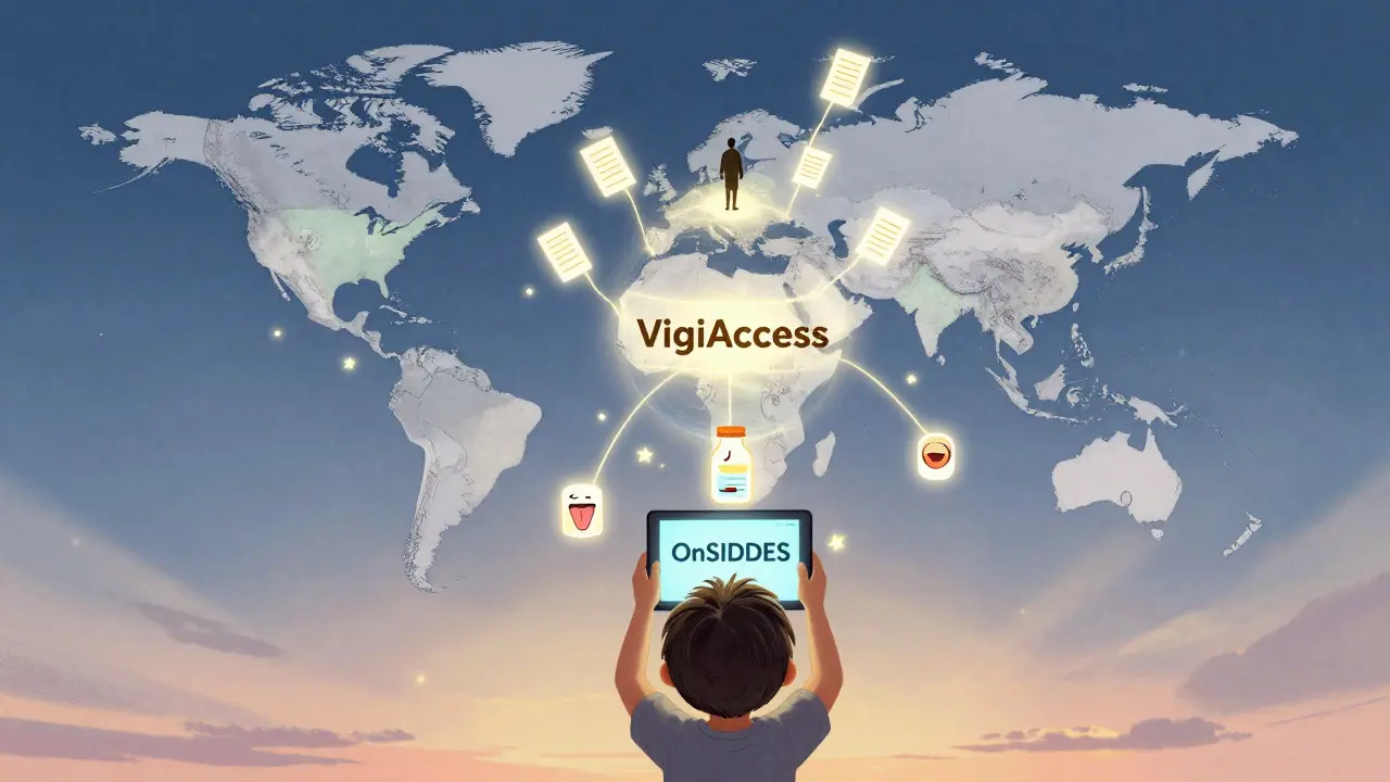 A floating global map sends reports to a glowing orb as side effect icons connect to a pill bottle.