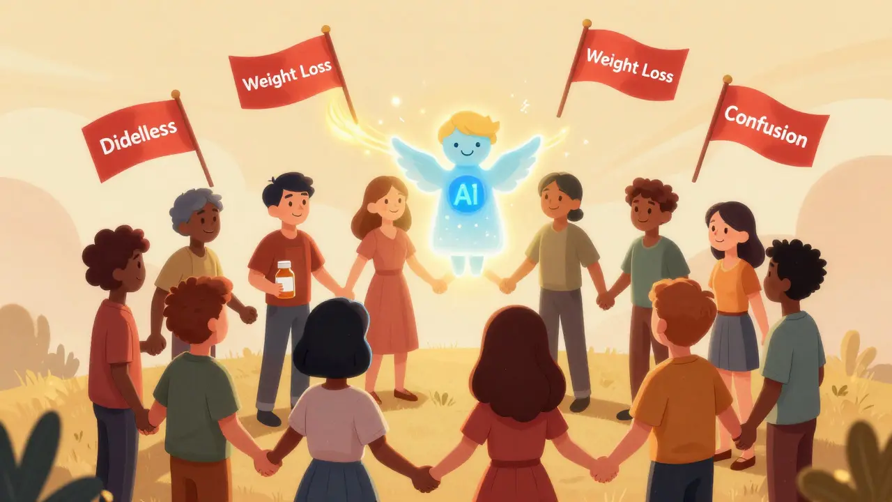 A group holding medications with an AI guardian removing danger flags under golden light.