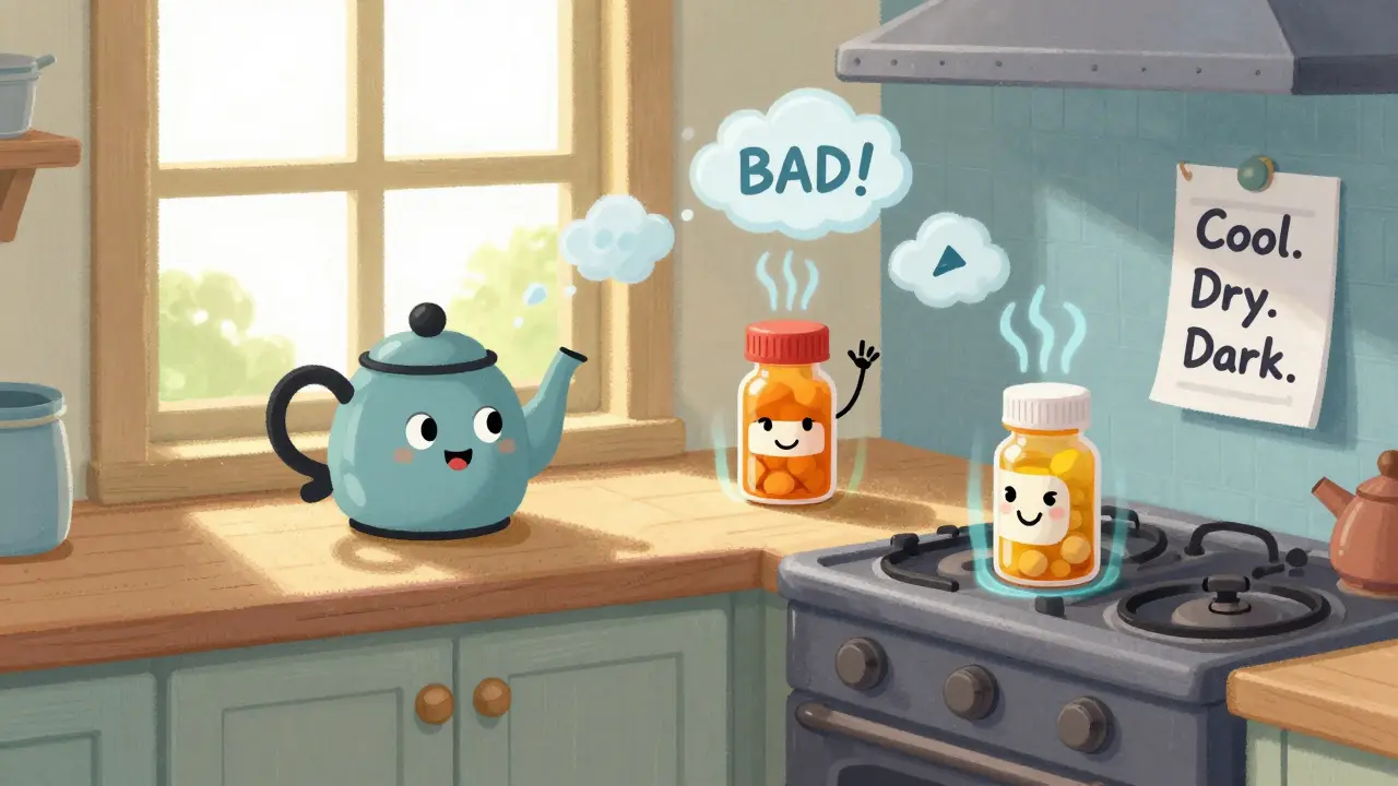 A kitchen cabinet with a pill bottle safely stored away from heat and steam, illustrated in a friendly storybook style.